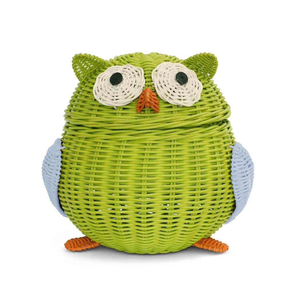 Green Owl Rattan Storage Basket with Lid Decorative Home Decor Hand Woven Shelf Organizer Cute Handmade Handcrafted Gift Art