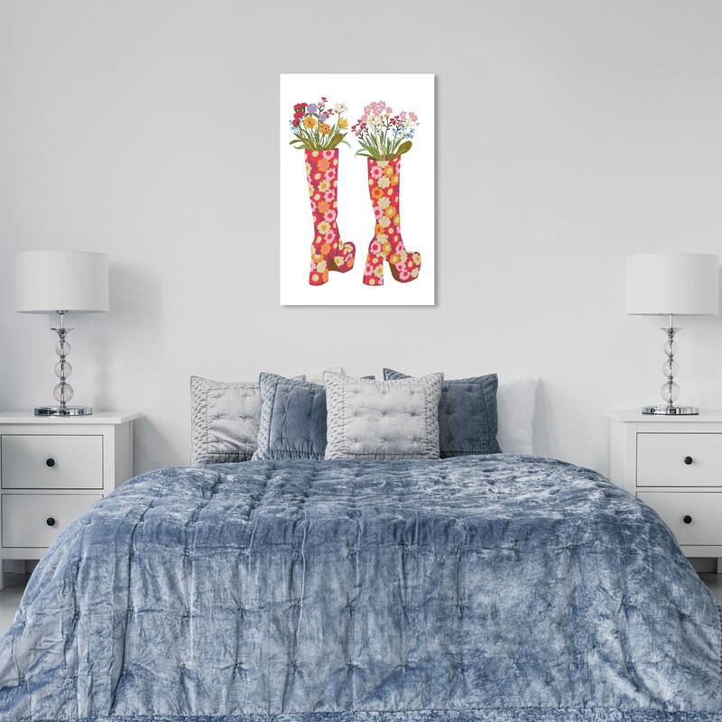 Wynwood Studio Canvas Fashion and Glam Floral Boots Red and Modern & Contemporary Wall Art Canvas Print - 36 x 24