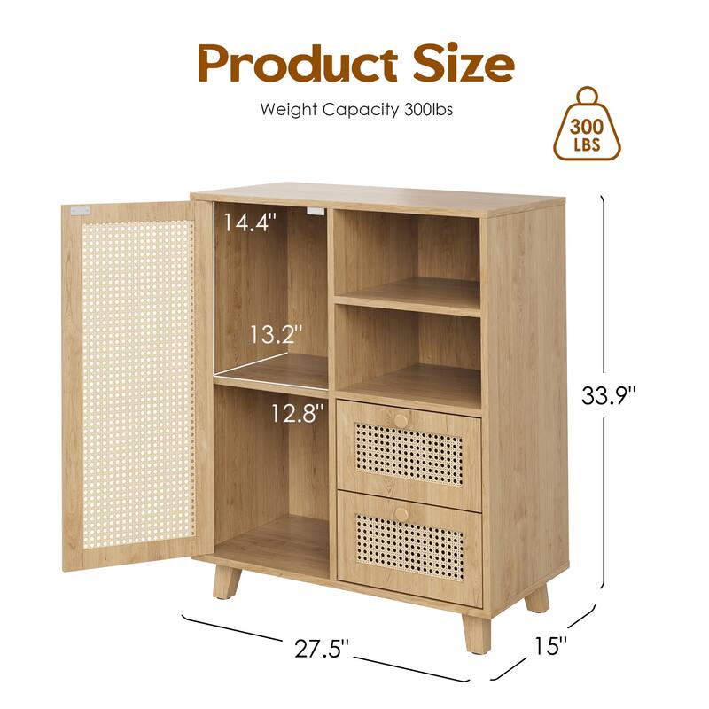 Rattan Buffet Cabinet with Adjustable Shelf, Sideboard with Drawers for Living Room, Kitchen, Entryway