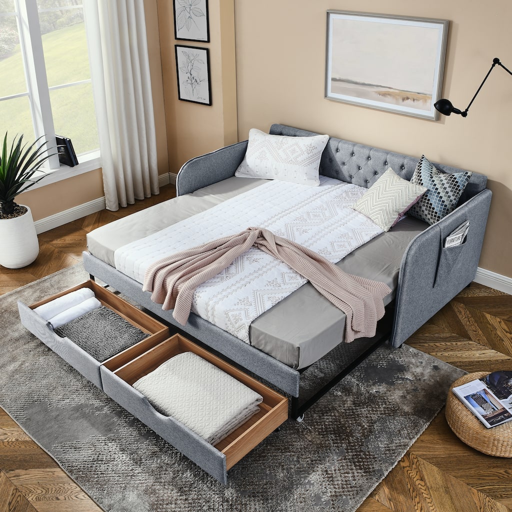 Twin Size Daybed Sofa Bed with Trundle Bed and 2 Drawers, Twin to King Design Extendable Daybed with Upholstery and Side Pocket