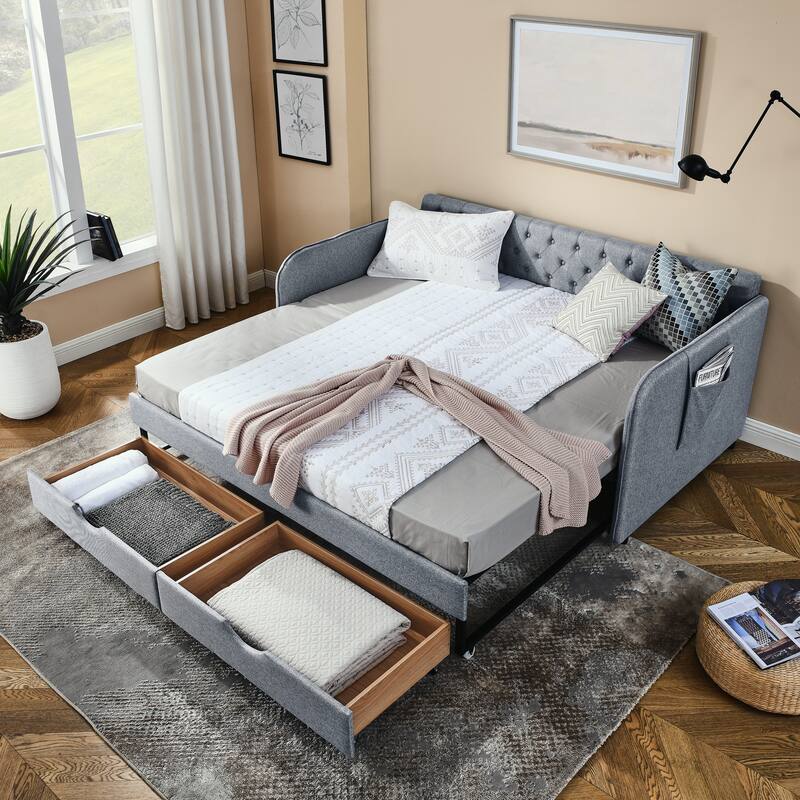 Twin Size Linen Extendable Upholstery Daybed w/ Trundle Bed Frame & 2 Storage Drawers for Bedroom Living Room