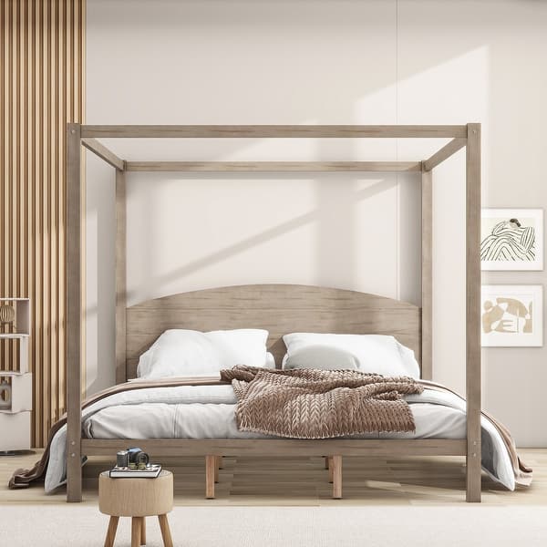 slide 2 of 11, King Size Canopy Platform Bed with Headboard and Support Legs, Brown Wash Brown Wash
