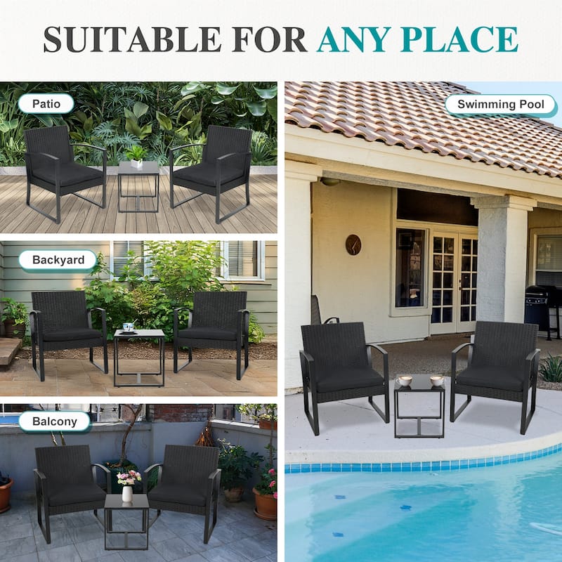 Aoodor 3-Piece Patio Furniture Set, Outdoor Rattan Wicker Chairs and Coffee Table