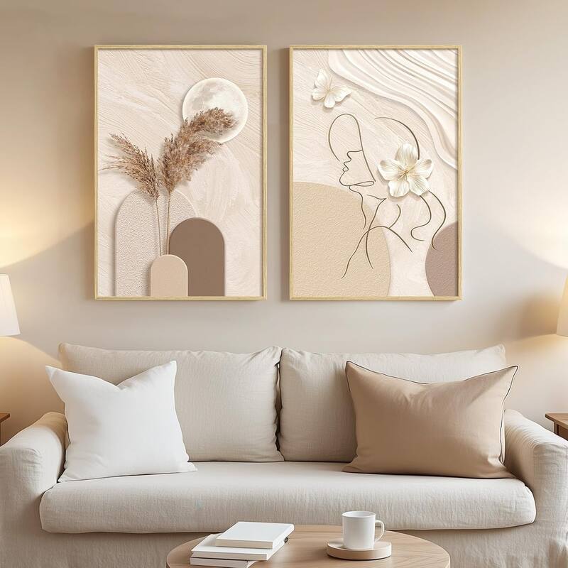Set of 2 Tan and Cream Beige Canvas Prints Paintings Artwork - 16 x 24
