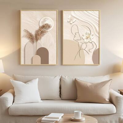 Set of 2 Tan and Cream Beige Canvas Prints Paintings Artwork