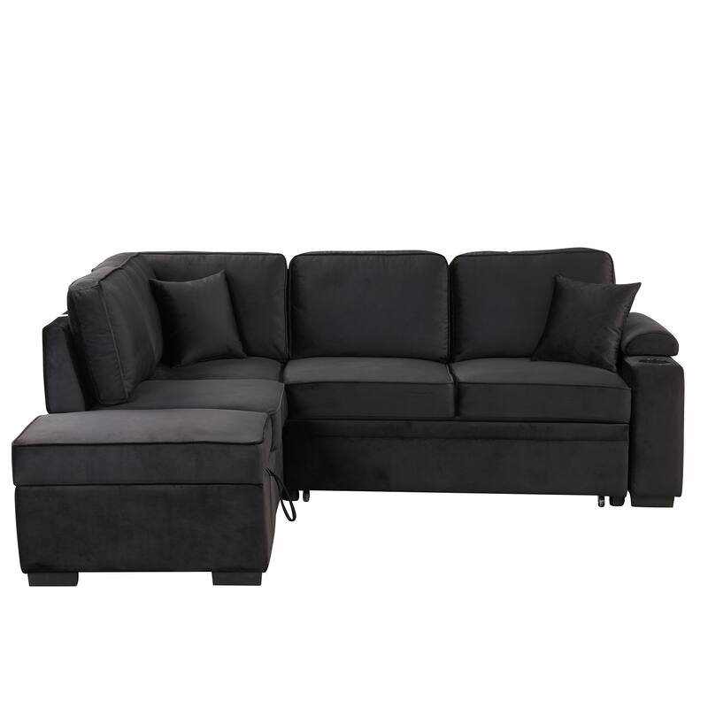 84.75" 2-in-1 Pull Out L Shape Velvet Sleeper Sofa Bed with Storage Ottoman, Black, for Living Spaces