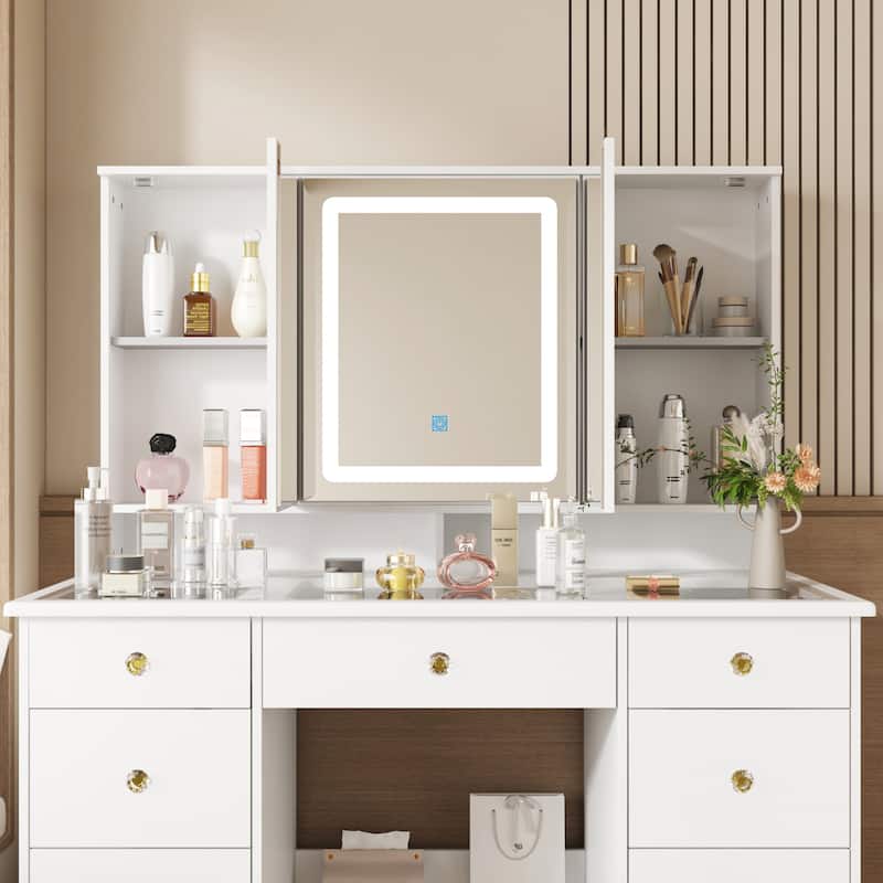 43" White Makeup Vanity Desk with LED Lighted Mirror, Tempered Glass Top, 9 Drawers Storage Dressing Table