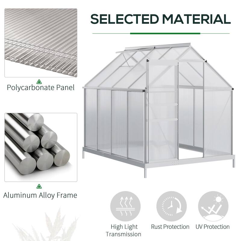 Outsunny Aluminum Greenhouse Polycarbonate Walk-in Garden Greenhouse Kit with Adjustable Roof Vent, Rain Gutter and Sliding Door