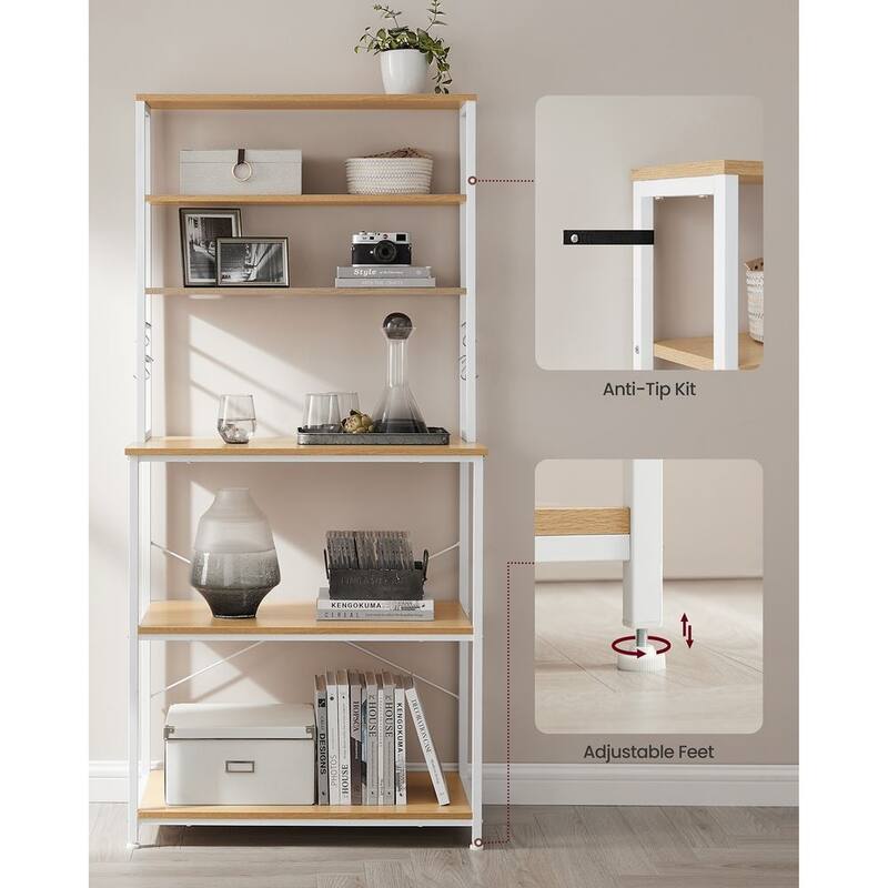 Baker's Rack, Microwave Oven Stand, 6-Tier Kitchen Utility Storage Shelf, 6 Hooks and Metal Frame - 31.5" x 15.7" x 65.7"