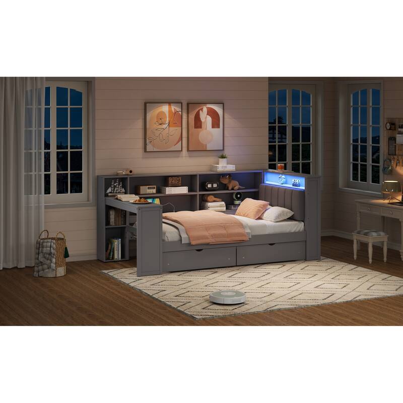 Twin Size Platform Bed with Storage, Charging Station, LED, Desk, and Upholstered Headboard in Grey
