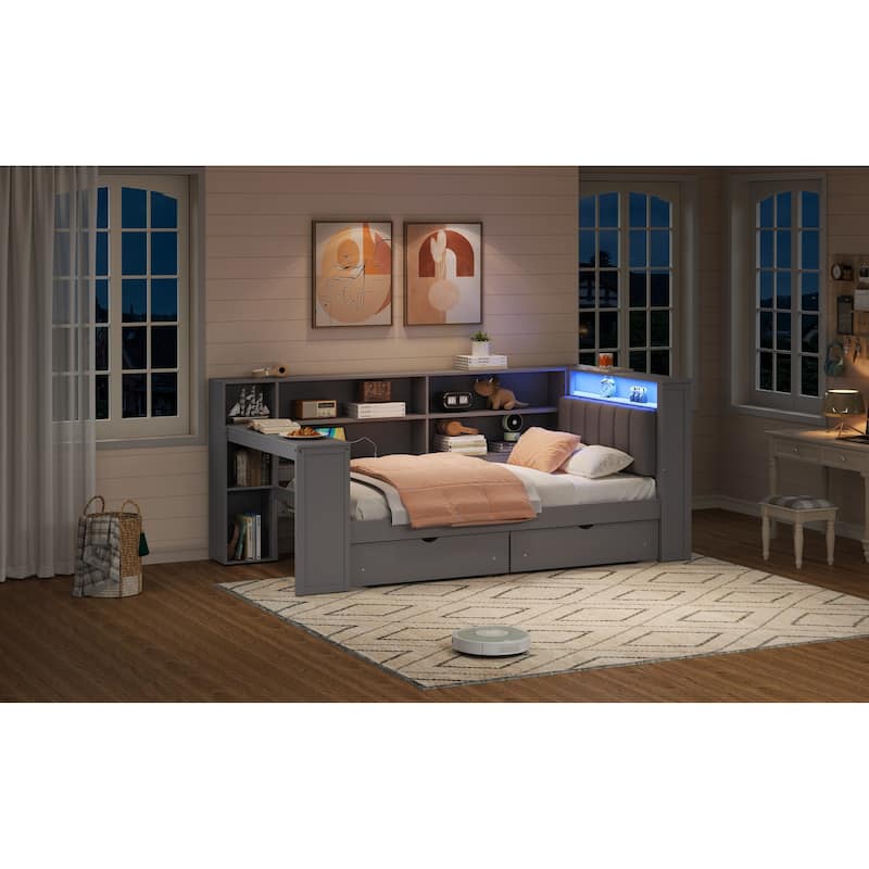 Wood Twin Size Platform Bed With Storage Shelves,Drawers,Charging Station,Led,Desk And Upholstered Headboard