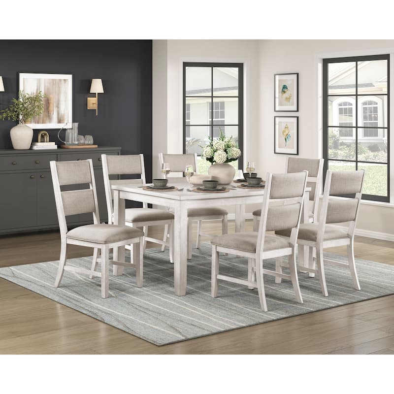 Modern Farmhouse 7pc Dining Set Table and 6 Side Chairs Upholstered Antique White Finish Durable Wooden Furniture - Antique White