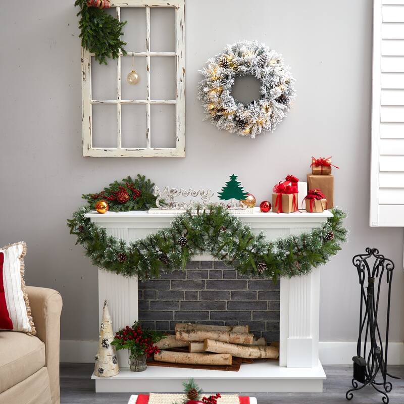 Pre-Lit Flocked Artificial Christmas Wreath, 20-Inch, Warm White LED Lights