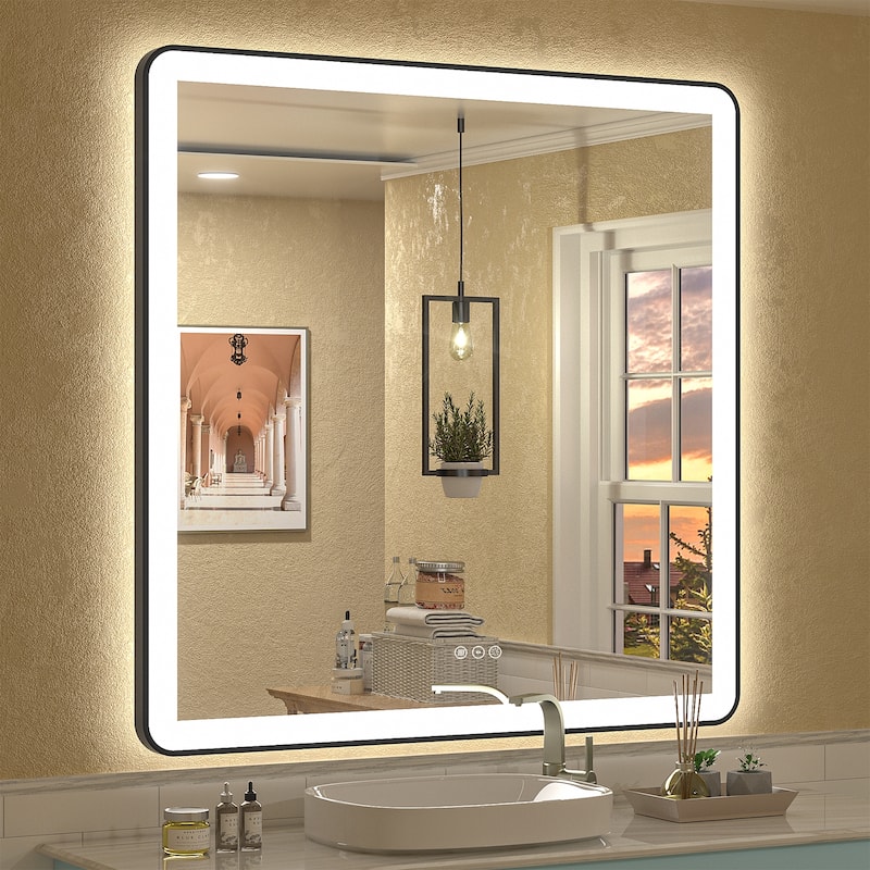 Framed Front & Back LED Lighted Anti-Fog Tempered Glass Wall Bathroom Vanity Mirror - 38" x 38"