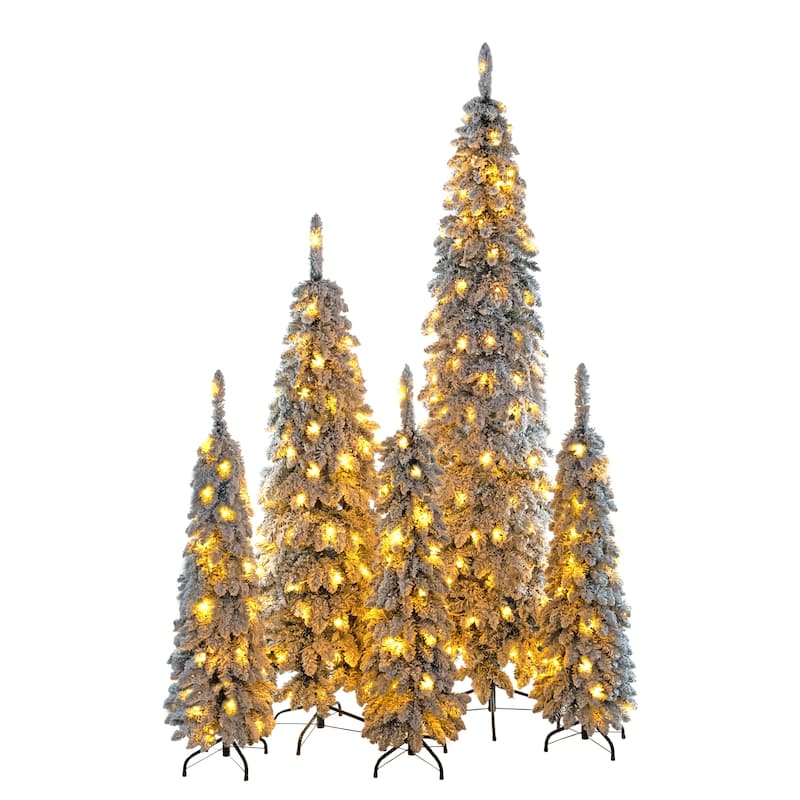8FT,6FT,4FT x 3 Pre-Lit Pencil Christmas Trees, 5-set Slim Artificial Christmas Tree With Snow Flocking, with 11 Lighting Modes