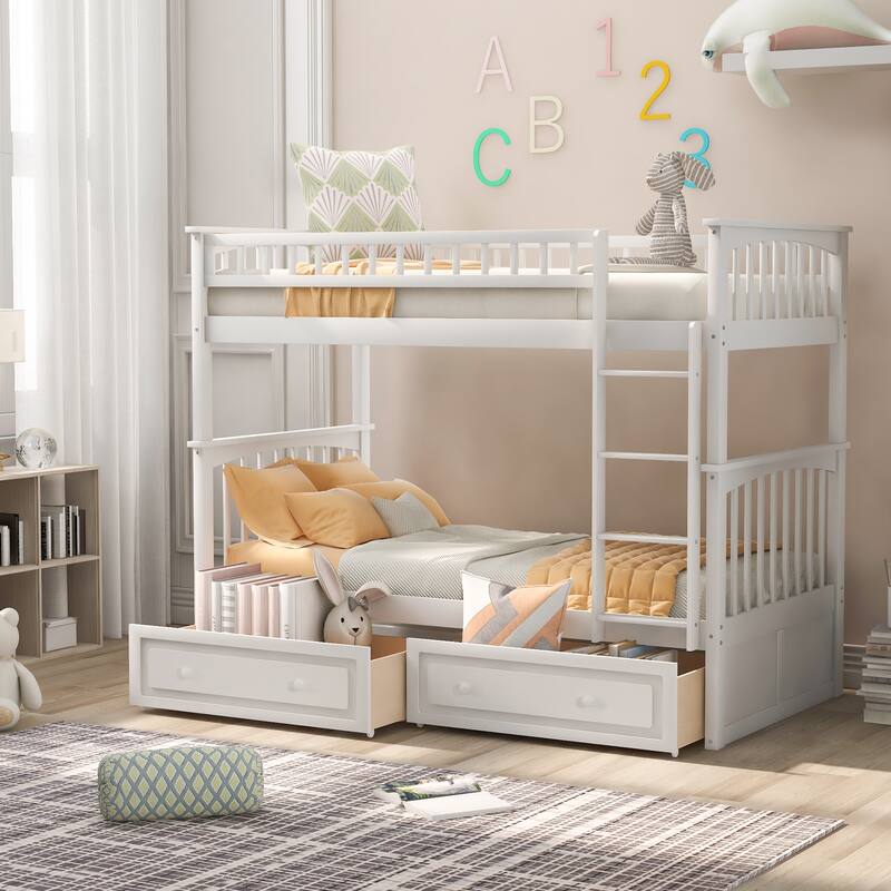 Solid Wood Twin Bunk Bed with Convertible Design, Drawers, and Fence Guardrails for Safe Sleeping - White
