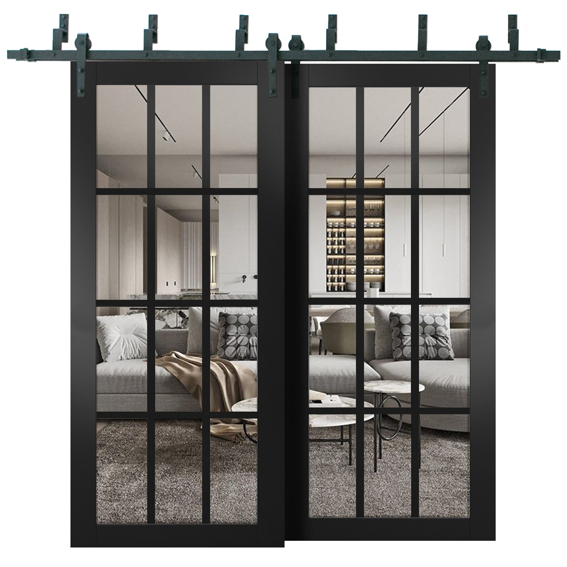SartoDoors Felicia 3355 | Closet Door Bypass Barn Door | Solid Wood w/ Glass | Hardware Set | 36x80, Matte Black Bedroom Door