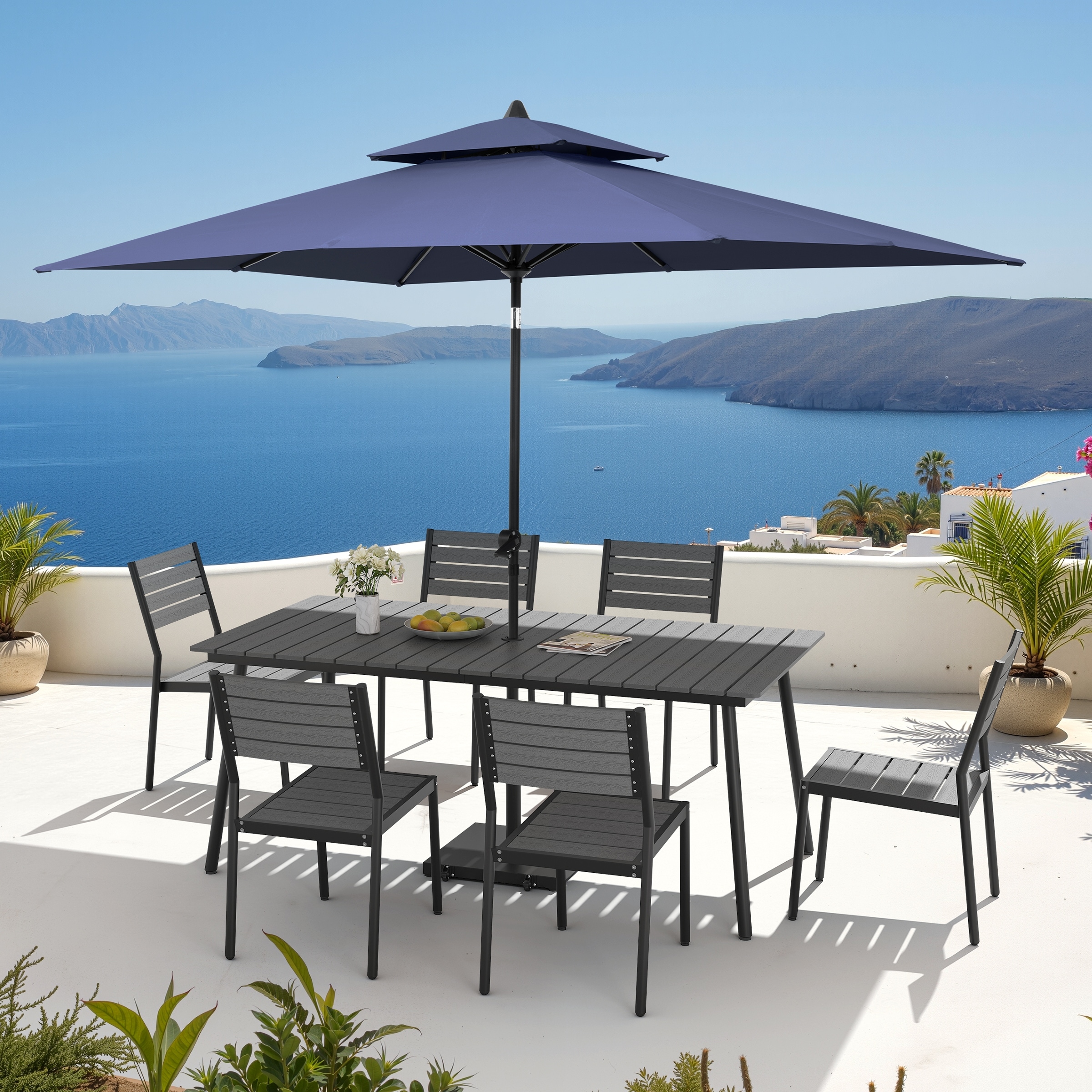 9PC Outdoor Patio Dining Set Aluminum Table with Stackable Chairs w/ Premium Market Umbrella Sets