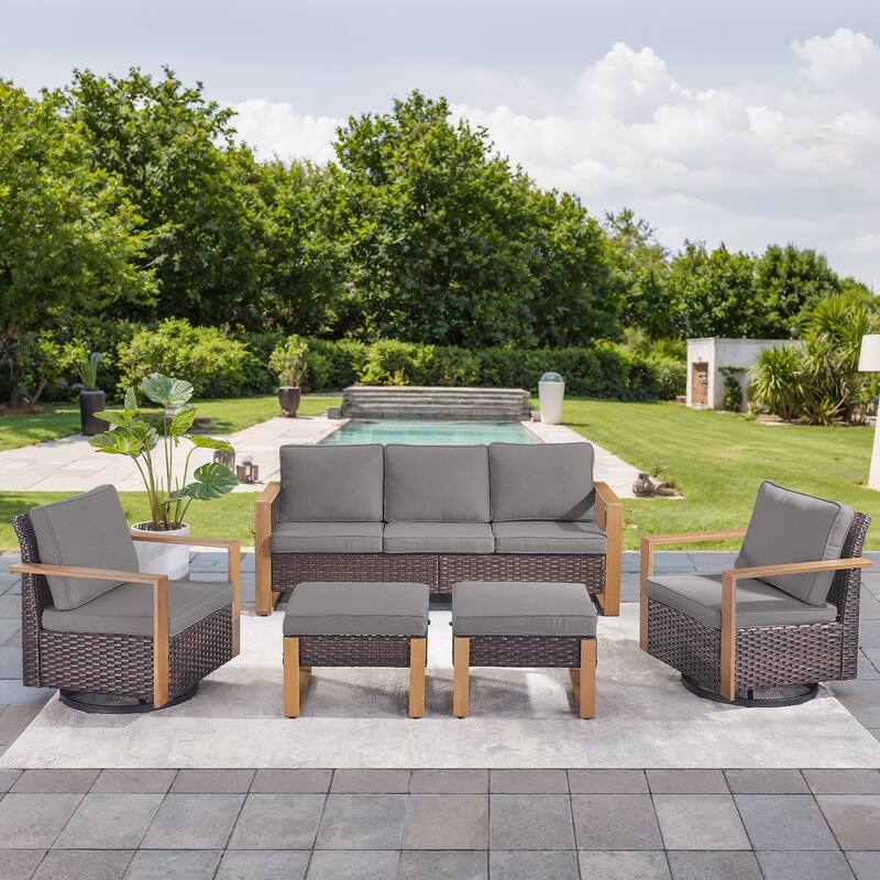 Gymojoy Outdoor Wicker Patio Furniture Sofa Set - 5-Piece Sofa Set - Swivel Chairs & Ottomans - Brown Wicker / Grey Cusion