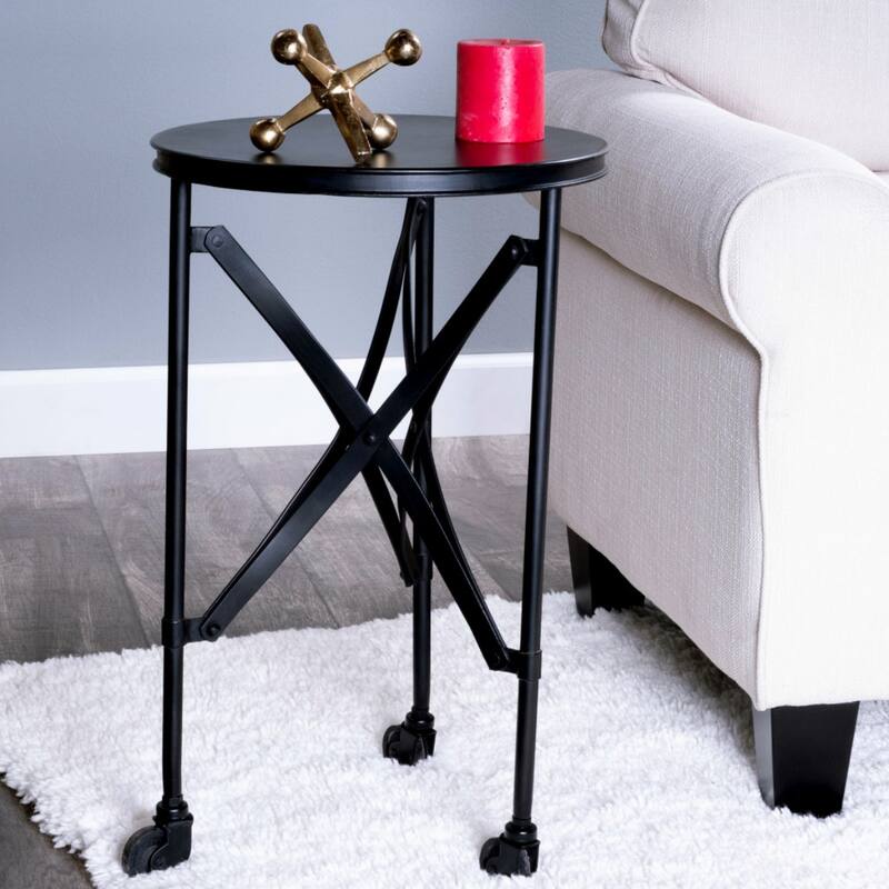 Modern Industrial Black Rolling Round End Table 23'' Distressed Iron Top 3-Leg Base Wheels Included - 14.25" x 14.25" x 23"