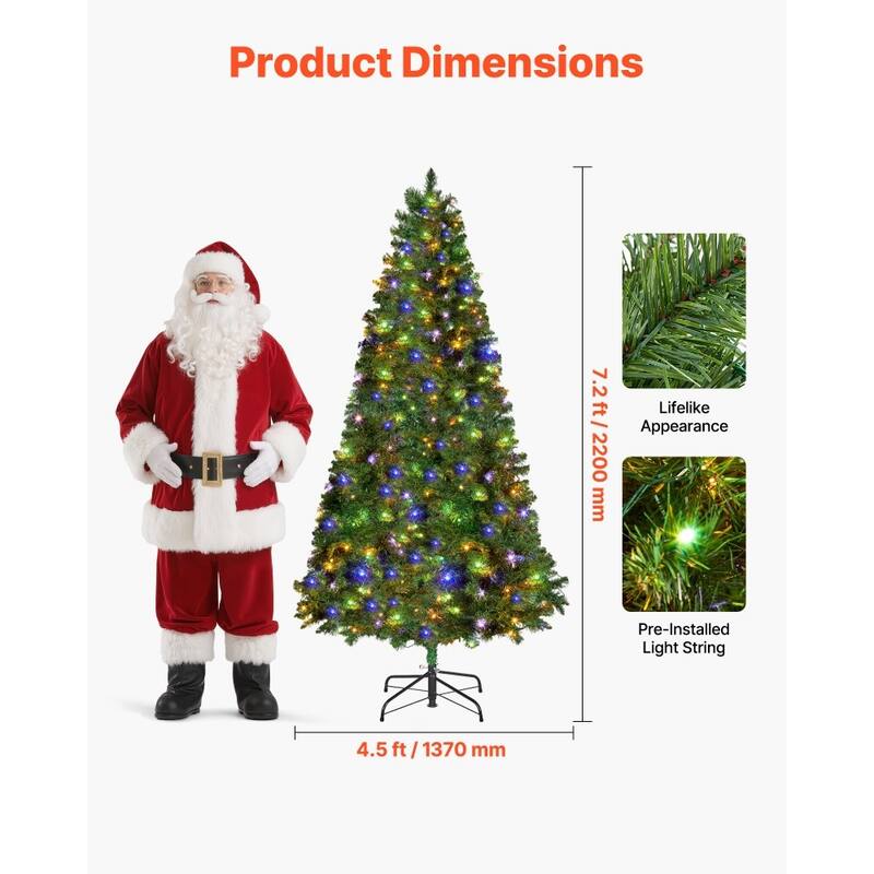 Green PVC and Iron 7.2x4.5 ft Pre-Lit Christmas Tree with 470 LED Lights and 11 Modes - 4.5 x 7.2 ft