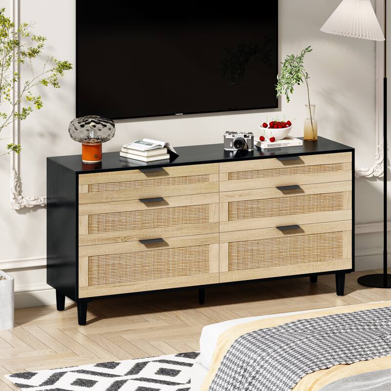 6 Drawers Rattan Dresser, Wooden Storage Wardrobe Dresser, Floor Standing Storage Cabinet with Metal Handle & Wood Legs