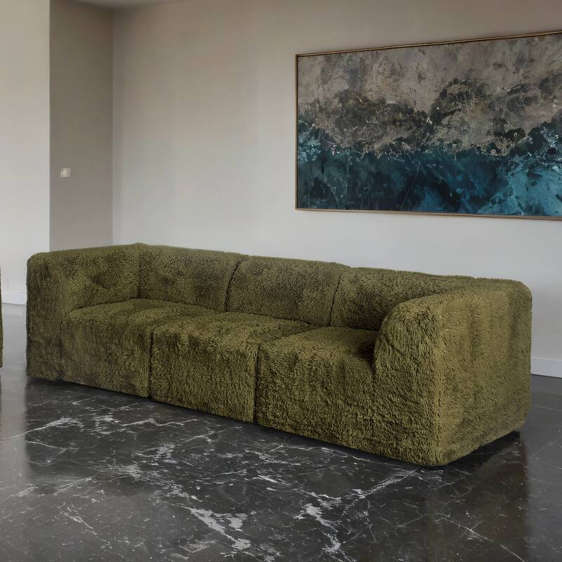 Furniture of America Ylena Modern 3-Piece Faux Fur Foam Modular Compressed Sofa - Olive Green