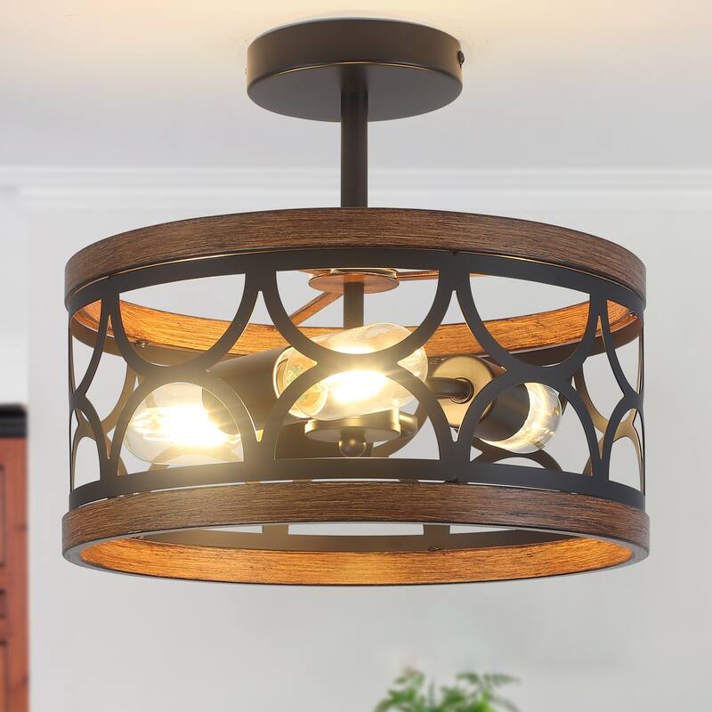 3-Light Metal Hanging Semi-Flush Mount Light Ceiling Light for Kitchen Island - Natural