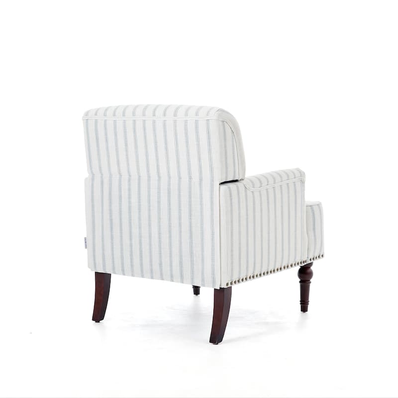 Set 2 Striped Upholstered Linen Armchair with Brass Nailhead Trim