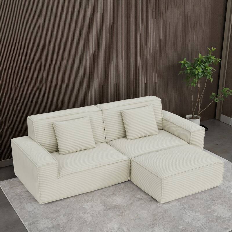 Anmytek Modern Large Striped Vacuum Compressed Full Sponge High Rebound Straight Sofa with Footstool Beige