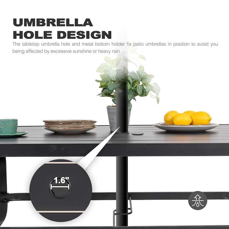 Metal Outdoor Dining Set with Umbrella Hole and Stackable Chairs