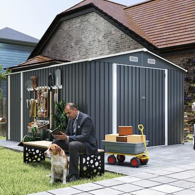 Campcraft Grey Outdoor Metal Storage Shed (9×11 FT) – Utility Tool Shed Equipped With 3 Lockable Doors And 4 Vents. - 9×11 FT