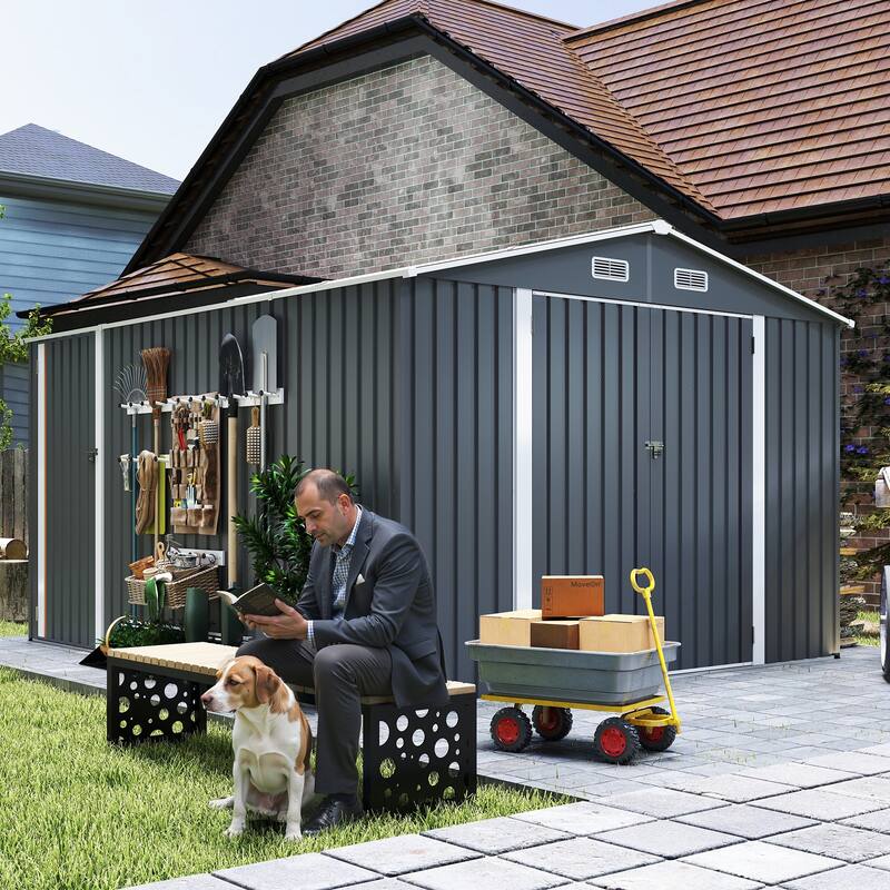 Outdoor Storage Shed 9×11 FT with 3 Lockable Doors,Utility Tool Shed Metal Storage Garden Sheds 4 Vents,Metal Sheds