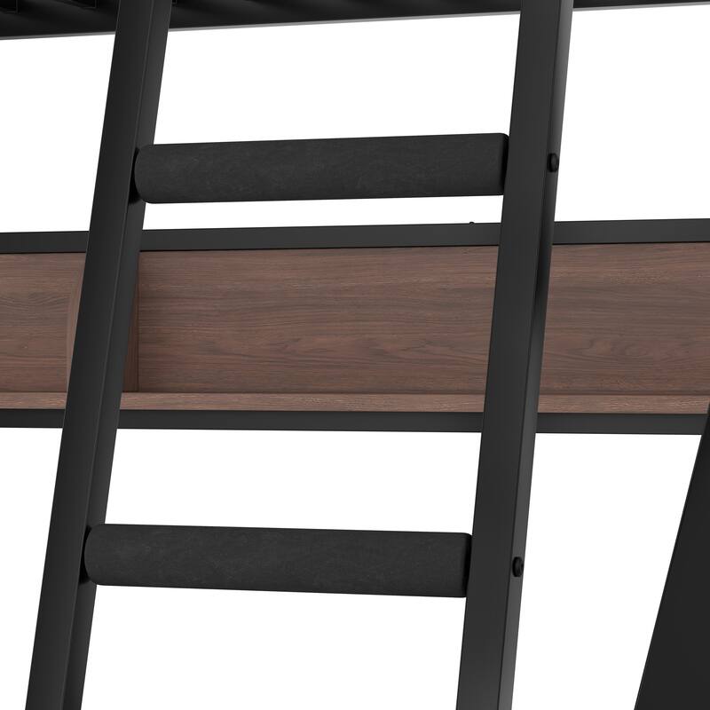 Twin over Full Bunk Bed, Metal Bunk Bed with Storage Shelves and Lights, Space-saving & Noise-free Design, Black