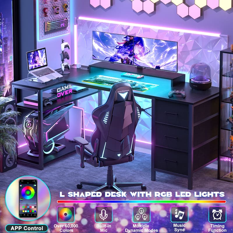 Reversible 53'' L Shaped Computer Desk with Power Outlets & LED Lights,Gaming Desk with 3 Drawers & Monitor Stand