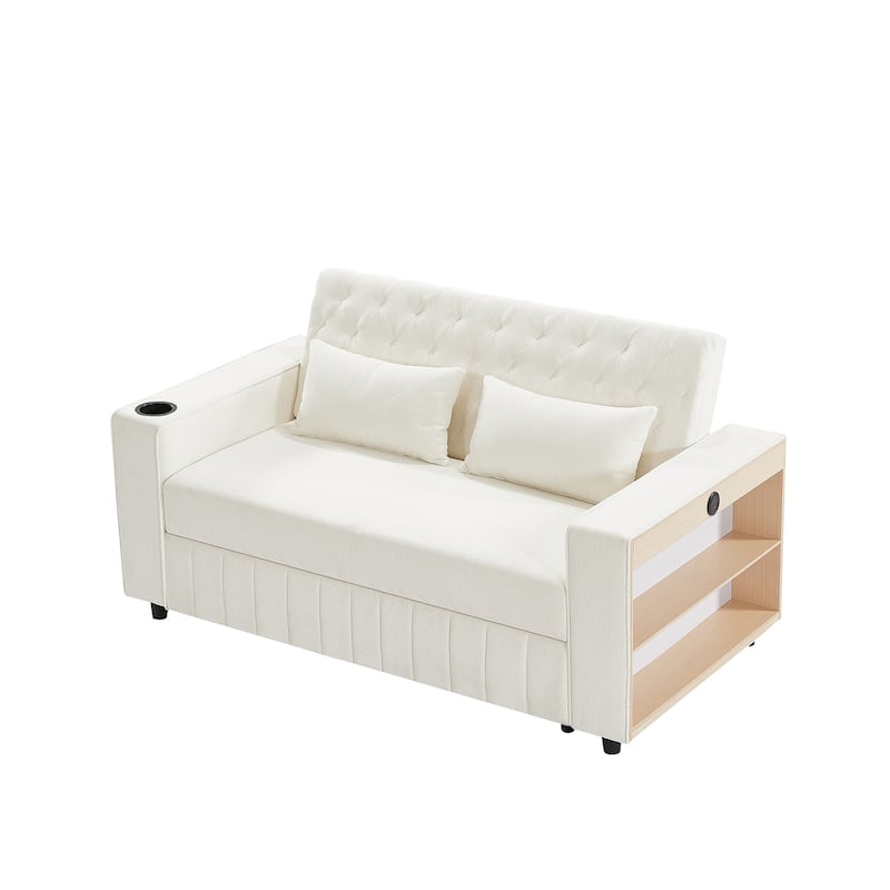 Transformable Chenille Fabric Sofa Bed with Adjustable Tufted Backrest, USB Ports, and Ample Storag