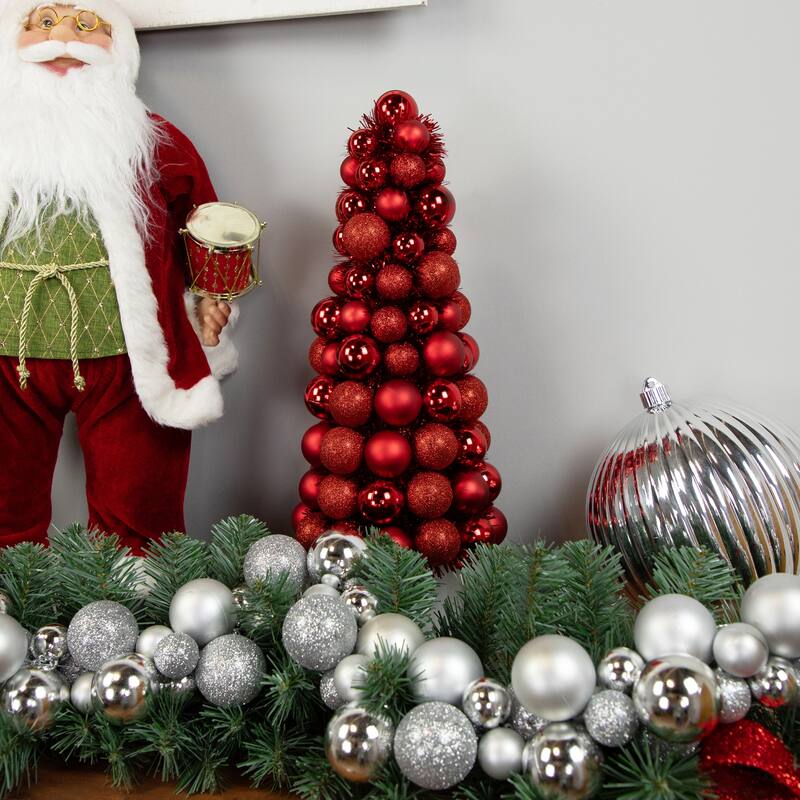15.75" Red 3-Finish Shatterproof Ball Christmas Tree with Tinsel