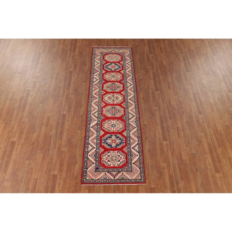 Red Geometric Kazak Oriental Runner Rug Hand-Knotted Wool Carpet - 2'8" x 9'4"