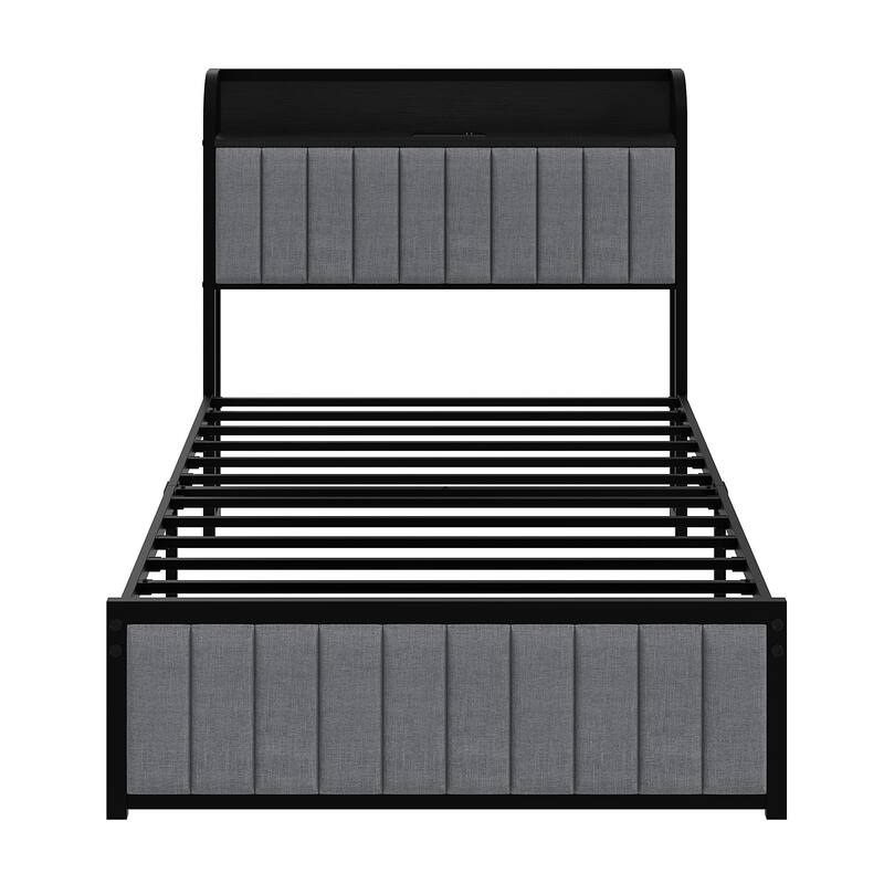 VECELO Upholstered Platform Bed Frame with Storage Headboard and Charging Station, Twin Full Queen Size
