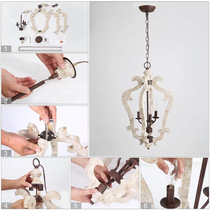 Farmhouse 3-Light Wood Lantern Chandelier Rustic Kitchen Island Pendant Lights
