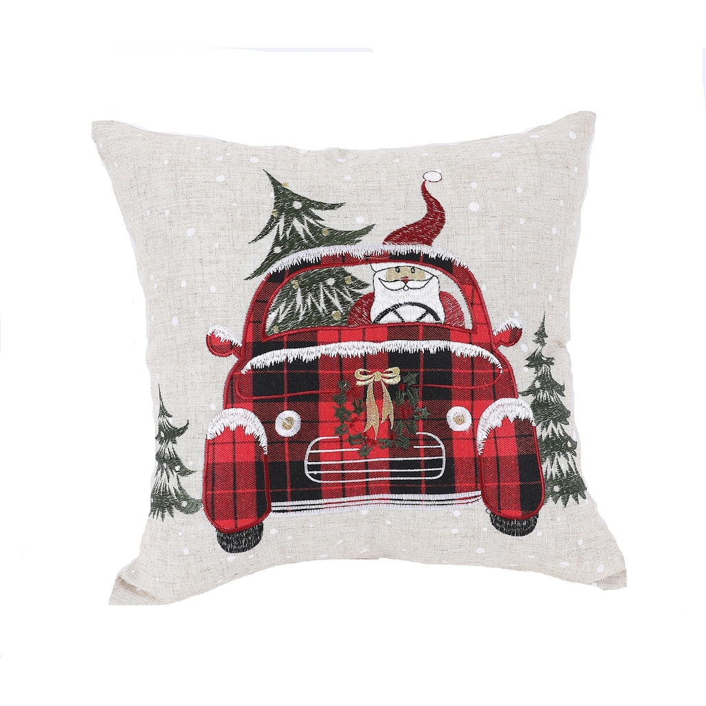 14" X 14" Gray and Red Christmas Holiday Van Linen Blend Zippered Pillow With Embroidery