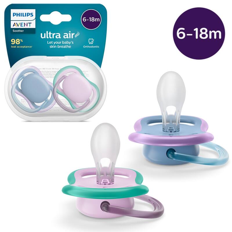 Ultra Air Pacifier 6 to 18 Month 2 Pack in Hush Blue and Lush Lilac - Blue - Silicone