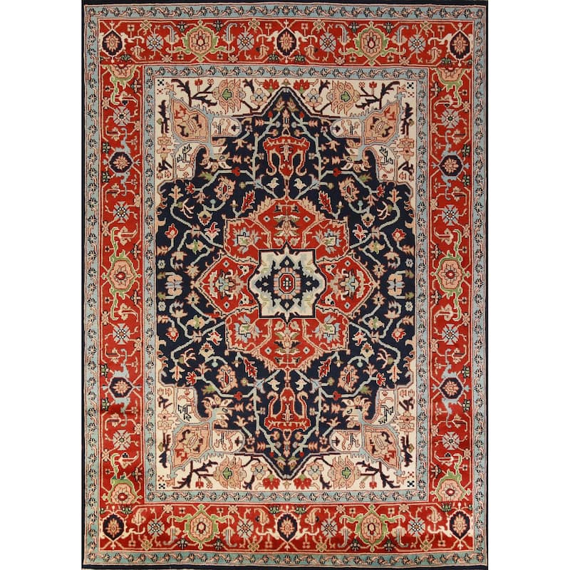Hand Knotted Oriental 100% Wool Carpet Traditional All-Over Navy Blue & Blues Heriz (serapi) Area Rug - 12' 0'' X 9' 1''