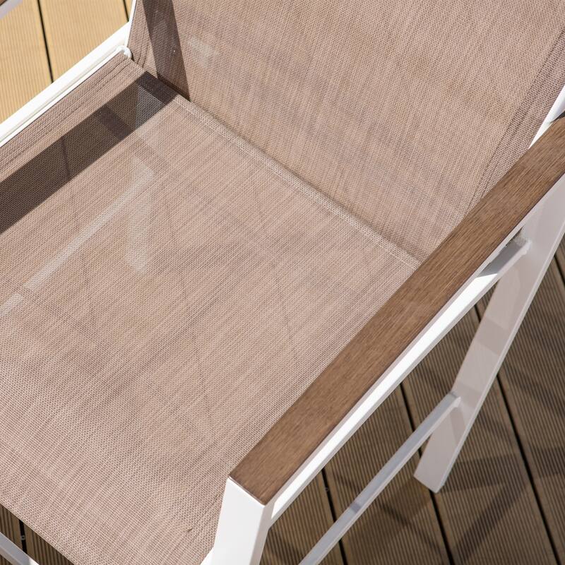Outdoor 5-piece Bar Set Teak-grain Table Textilene Fixed Bar Stools