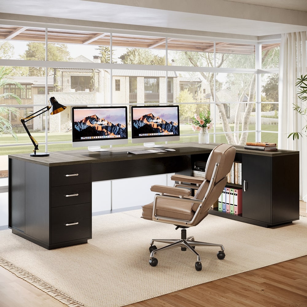 Wood L-Shaped Executive Desk with File Drawers for Home Office