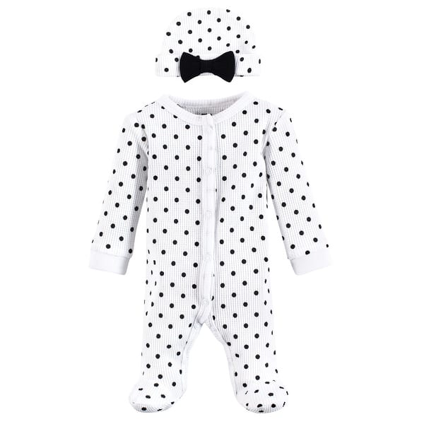 slide 1 of 1, Hudson Baby Girls Thermal Preemie Sleep and Play and Cap, Black White Dots, Preemie - Black White Dots Preemie - Black White Dots