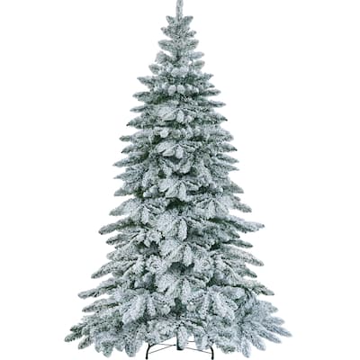 Yaheetech 6ft/7.5ft Pre-lit Snow Flocked Christmas Tree with 400 Warm LED Lights & 940 Tips, Green