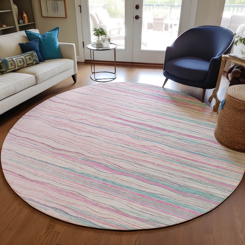 Machine Washable Indoor/ Outdoor Modern Stripe Chantille Rug - Pink - 8' x 8'