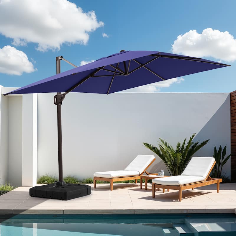 11 x 9 FT Outdoor Patio Offset Cantilever Umbrella with Base - Navy Blue