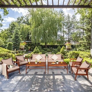 Costway 8PCS Patio Rattan Furniture Set Acacia Wood Frame Cushioned - 8-Piece Sets